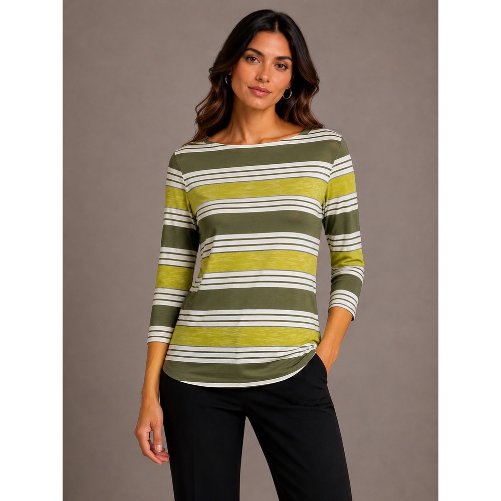 Ann Taylor LOFT Striped Boatneck 3/4 Sleeve Top‎ Olive Lime White Small